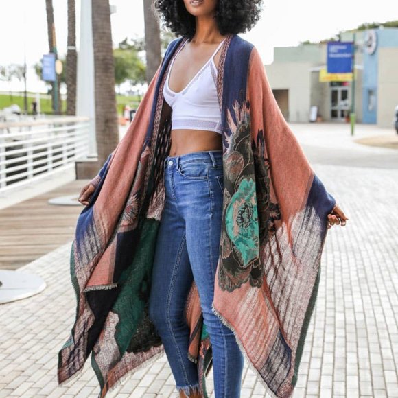 Tops | Rose Turquoise Red Ruana Kimono One Size New Navy | Poshmark